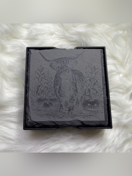 Hand Crafted Other - Halloween Highland Cow Slate Coaster Set of 4 with Holder - Black